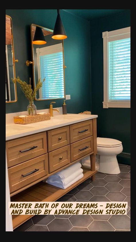 Brown Tile Bathroom, Teal Bathroom Ideas, Bathroom Decor Ideas On A Budget, Dark Green Bathrooms, Tranquil Bathroom, Small Full Bathroom, Turquoise Bathroom, Teal Bathroom, Timeless Bathroom