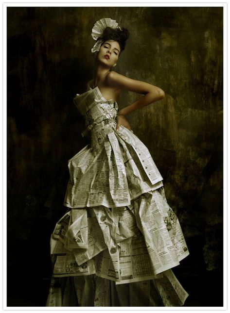 Newspaper wedding dress Newspaper Wedding, Newspaper Fashion, Newspaper Dress, Wedding Newspaper, Recycled Dress, Paper Clothes, Paper Fashion, Paper Dress, Recycled Fashion