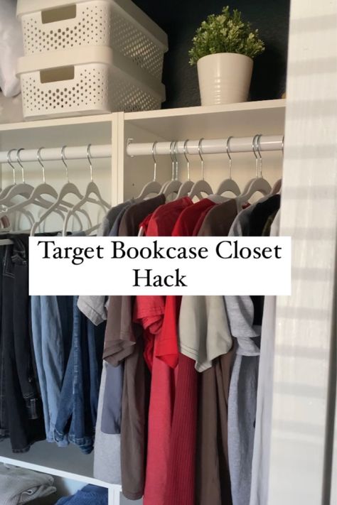 Bookcase Closet Hack, Target Bookcase Closet, Tidy Wardrobe, Dresser Top Organization Ideas, Bookcase Closet, Closet Makeover Diy, Room Organization Bedroom, Closet Hacks, Closet Rods