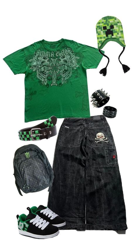 green y2k outfit Green 2000s Outfit, 2010s Fashion Men, Masculine Y2k Outfits, Masculine Y2k, Boy Y2k Outfit, Y2k Fit 2000s, Masc Y2k Outfits, Scene Outfits Boy, Y2k Boy Outfits