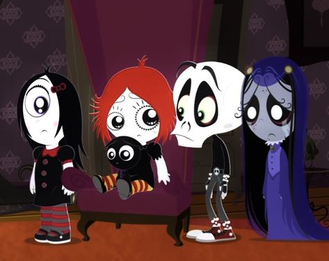 Ruby Gloom House, Misery Ruby Gloom Halloween Costume, Ruby Gloom Inspired Outfits, Ruby Gloom And Misery, Ruby Gloom And Skull Boy, Ruby Gloom Characters, Ruby Gloom Matching Pfp, Ruby Gloom Cosplay, Iris Ruby Gloom