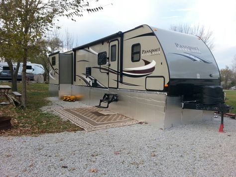 Full time RV living. Skirting trailer with foam insulation board. Rv Skirting, Rv Storage Solutions, Full Time Rv Living, Foam Insulation Board, 5th Wheel Rv, Rv Maintenance, Diy Camper Remodel, Insulation Board, Trailer Living