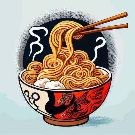 Bowl Of Ramen Illustration, Bowl Of Noodles Illustration, Noodle Illustration Design, Ramen Noodles Drawing, Ramen Illustration Art, Noodle Bowl Tattoo, Ramen Noodle Drawing, Spicy Inktober, Ramen Bowl Drawing