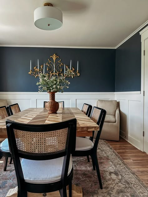 Navy And Cream Dining Room, Dining Room Walls With Chair Rail, Modern Dining Room With Chair Rail, Brown And Blue Dining Room, Wallpaper With Chair Rail Dining Room, Navy And White Dining Room Ideas, White Wainscoting Blue Walls, Dining Room Paneling And Wallpaper, Blue Dining Room With Chair Rail