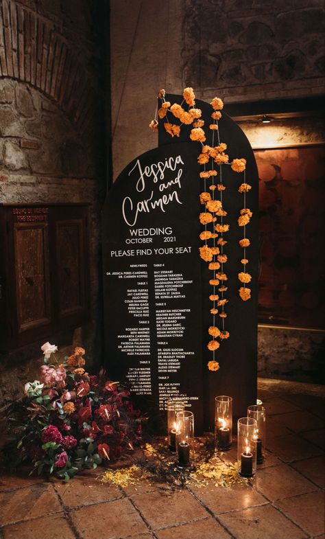 Halloween Wedding Altar, Asta La Muerte Wedding, Black Mexican Theme Wedding, Book Of Life Wedding Theme, Dark Mexican Theme Wedding, Goth Wedding Seating Chart, Halloween Wedding Bridesmaids, Wedding Ofrenda, Dark Mexican Wedding