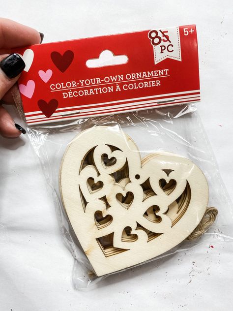 Valentine Day Dollar Tree Crafts, Dollar Tree Wooden Hearts Crafts Ideas, Wooden Heart Ideas, Dollar Tree Wooden Heart Ideas, Dollar Tree Love Sign Diy, Dollar Tree Heart Crafts, Dollar Tree Valentines Diy Ideas 2023, Diy Dollar Tree Valentines Decorations, Valentines Day Dollar Tree Diy