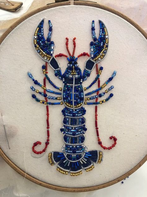 hand beaded embroidered lobster Oder, Mermaid Tail Embroidery, Bead Embroidery Inspiration, How To Beaded Embroidery, Blue Bead Embroidery, Fish Beaded Embroidery, Beaded Embroidery Letters, Embroidery And Beading, Beads Clothes Embroidery