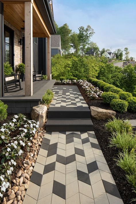 Modern Pavers, Front Yard Inspiration, Terrace Tiles, Pavement Design, Yard Inspiration, Outdoor Tile, Paving Pattern, Terrace Floor, Outdoor Paving