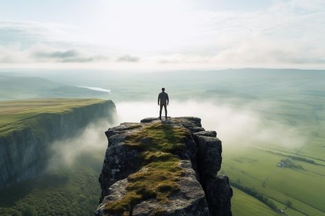 A person standing at the edge of a cliff looking out into a vast landscape mental health Person Standing On Cliff, Cliff Reference, A Person Standing, Person Silhouette, Edge Of A Cliff, Vast Landscape, Free Business Card Mockup, Vector Background Pattern, Above The Clouds