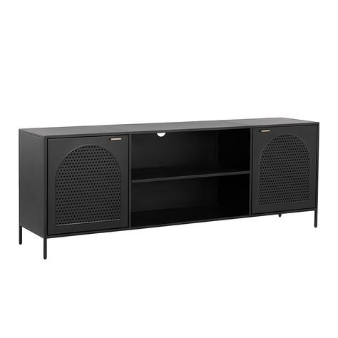 Metal Media Console, Black Media Console, Industrial Media Console, Media Storage Unit, Cool Tv Stands, Black Steel Frame, Console Cabinet, Media Unit, Perforated Metal