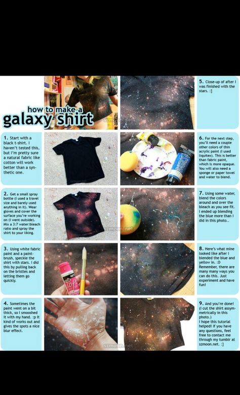 I want to do this T Shirt Tutorial, Galaxy Outfit, Ropa Upcycling, Diy Galaxy, Galaxy Shirt, Shirt Tutorial, Costura Diy, Galaxy Painting, Galaxy Print