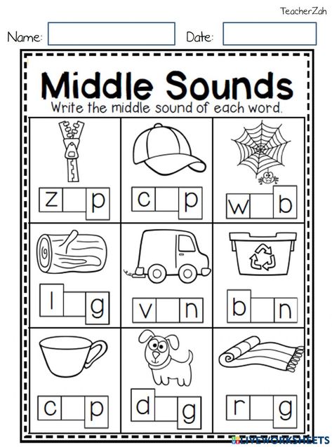 Medial Sounds Activities, Cvc Worksheets Free, Phonic Reading, Middle Sounds Worksheet, Cvc Worksheets Kindergarten, English Preschool, Homework Folders, Preschool Prewriting, Kindergarten Math Worksheets Addition