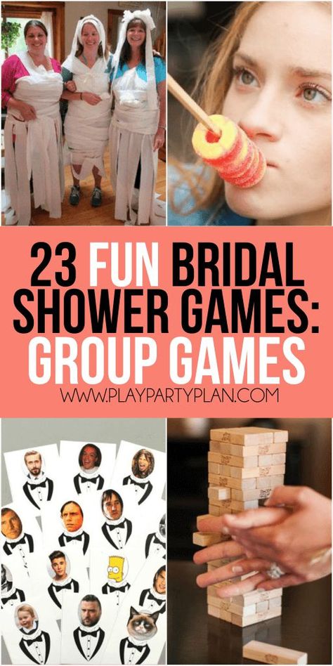 23 more funny bridal shower games that don’t suck including everything from games for couples, interactive games for large groups, and even a bunch of free printable bridal shower games! So many of these would be hilarious for a co-ed shower or for bride to learn more about the groom. Definitely a bunch of the best unique bridal shower games. Games For Large Groups, Bridal Shower Games Unique, Bridal Shower Games Prizes, Bridal Shower Games Funny, Shower Games Bridal, Funny Baby Shower Games, Fun Bridal Shower Games, Couples Bridal Shower, Couple Wedding Shower