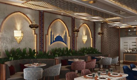 Turkish Cafe, Modern Arabic Interior, Cafe Design Inspiration, Restaurant Floor Plan, Rooftop Restaurant Design, Moroccan Restaurant, Middle Eastern Restaurant, Turkish Restaurant, Restaurant Flooring