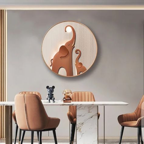 Realid Modern Round Elephant Wall Decor for Living Room Cute Painting with Frame Brown Brown Wall Decor, Elephant Wall Decor, Room Cute, Cute Painting, Fashion Wall Decor, Round Dining Table Modern, Wall Frame Set, Elephant Wall Art, 3d Wall Decor