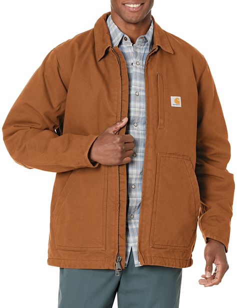 PRICES MAY VARY. 12-ounce, 100% cotton washed duck Sherpa lining in body, quilted-nylonlining in sleeves Under-collar snaps for optional hood Left-chestpocket with zipper closure Two large, Sherpa-lined frontpockets Carhartt Store, Carhartt Style, Great Coat, Carhartt Mens, Sherpa Lined, Winter Fashion, Top Styles, Fashion Branding, Topshop