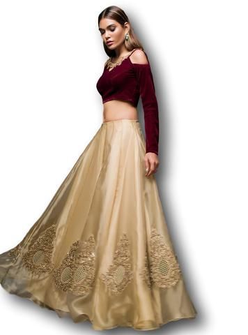 Beige Gold and Maroon Lehenga Choli Maroon Lehenga Choli, Indian Designer Lehenga, Lehenga Simple, Organza Sharara, Golden Lehenga, Maroon Lehenga, Gold Organza, Gold Lehenga, Wedding Outfits For Groom