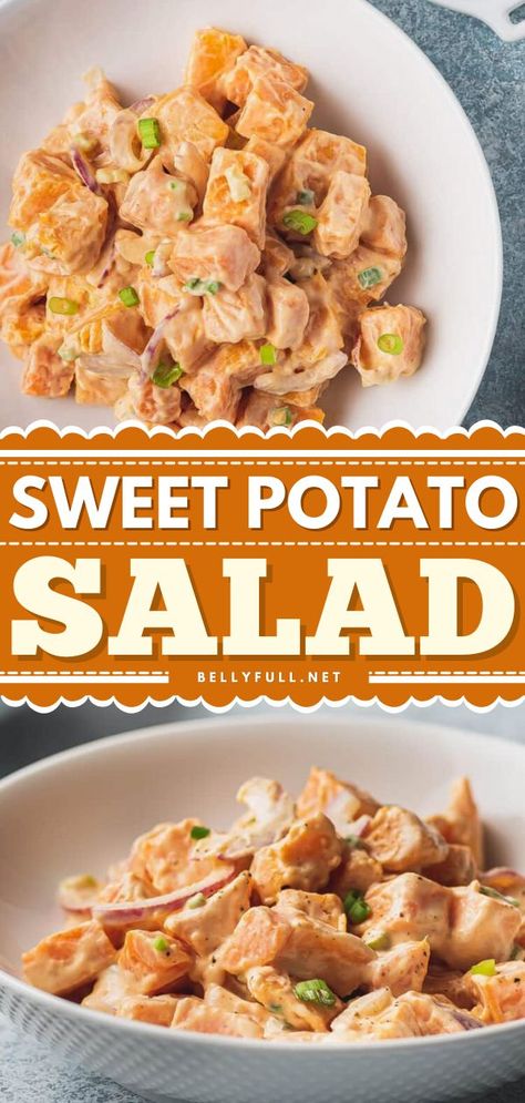 Sweet Potato Salad, vegetable side dishes, dinner recipes Sweet Potato Salad Cold, Spicy Potato Salad, Sweet Potato Salad Recipe, Sweet Potato Sides, Classic Potato Salad, Sweet Potato Salad, Hot Chili Sauce, Creamy Dressing, Peanut Recipes