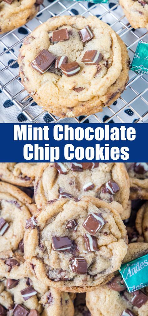 Soft, thick and chewy Mint Chocolate Chip Cookies loaded with Andes Mints and milk chocolate chips. A must for mint and chocolate lovers'. Mint Chocolate Chip Scones, Mint Choc Chip Cookies, Mint Cookie Recipes, Mint Biscuits, Recipes With Mint, Mint Recipes Dessert, Dessert List, Mint Chip Cookies, Andes Mint Cookies