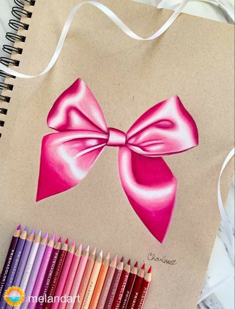 Pink Bow Drawing, Colorpencils Drawing, Colored Pencil Artwork Ideas, Prismacolor Drawing, Drawing Colorful, Colored Pencil Art Projects, Bow Drawing, Color Pencil Sketch, Color Pencil Illustration