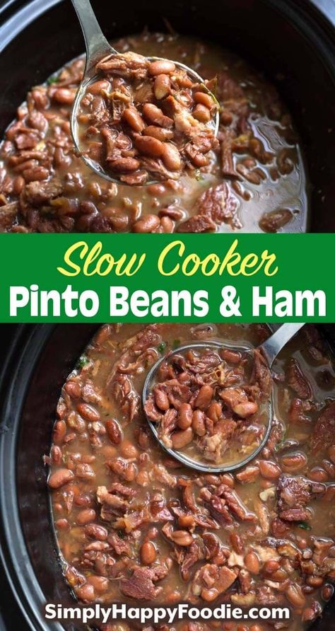 Slow Cooker Pinto Beans and Ham is a simple recipe that is hearty, filling, and delicious! This is good comfort food! This crock pot pinto beans and ham is a slow cooker dump and start recipe. Super easy to make crock pot pinto beans. simplyhappyfoodie.com #slowcookerpintobeans #crockpotpintobeans Pinto Beans And Ham, Crock Pot Pinto Beans, Slow Cooker Pinto Beans, Pinto Bean Soup Recipes, Slow Cooker Dump, Crockpot Ham And Beans, Beans Recipe Crockpot, Ham Hocks And Beans, Beans And Ham