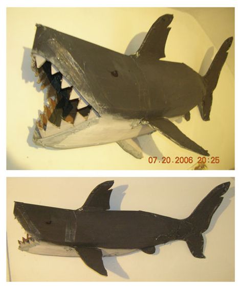 Shark Valentines Boxes, Cardboard Shark, Flat Tree, Cardboard Animals, Shark Craft, 3d Art Projects, Largest Whale, Ocean Birthday Party, Summer Camp Activities