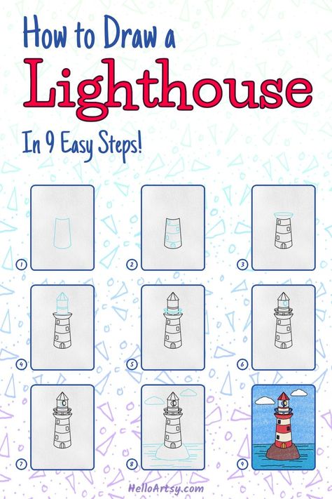 Step by step drawing lesson showing a How to Draw a LightHouse How To Draw Lighthouse, How To Draw A Lighthouse Step By Step, Lighthouse Art For Kids, How To Draw A Lighthouse, Draw A Lighthouse, Lighthouse Project, Nautical Drawing, Beach Drawings, Lighthouse Drawing