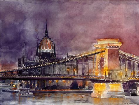 Europe Watercolor, Watercolor Architecture, Architecture Landmark, Architecture Painting, Pastel Watercolor, Cityscape Painting, Rural Landscape, Budapest Hungary, Watercolor Landscape