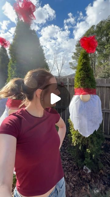 Morgan Renfro on Instagram: "the cutest & biggest gnomes i ever did see!! I used snow felt, plastic bowls, & decorative mesh to turn our christmas trees (arborvitae) into garden gnomes! 🥹🎄 #gardengnomechristmastree #gnomechristmastree #arborvitaegnomes #diygnomes #diy #doityourself #gardengnomes #christmasdiy #christmasgnomes #holidaydiy #outdoorchristmasdecor" Gnome Outdoor Tree, Outdoor Gnomes Christmas Tree, Tree Gnomes Christmas Outside, Gnome Bushes Christmas Outdoor, Xmas Gnomes Diy Outdoor, Gnome Trees Christmas Outdoor, Outdoor Christmas Gnomes Diy How To Make, Arborvitae Gnomes, Evergreen Gnomes Diy