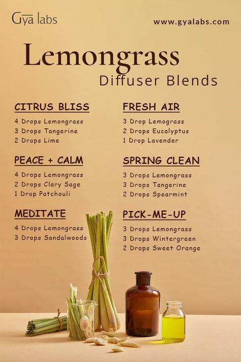 A bottle of Lemongrass essential oil blend surrounded by fresh lemongrass leaves and a diffuser, with the text "Lemongrass Essential Oil Blend for Refreshing Citrus Aromatherapy" displayed in a modern and vibrant style. Lemongrass Diffuser Blends, Top Essential Oils, Essential Oil Combinations, Doterra Essential Oils Recipes, Essential Oil Diffuser Blends Recipes, Essential Oils Guide, Essential Oils Herbs, Essential Oils Health, Hair Diy