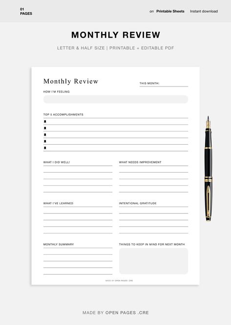 "Open Pages Printable Planners are one of the best ways to keep track of your busy life. Whether you need to make a list of things to do, or just want to stay organized at home, school, or work, this printable planner is just what you need! So, Looking for a planner to help you finally stay organized? This printable planner is the perfect way to get your life together. Plan your days and be more productive in less time. **Use it as many times as you want and re-download it whenever you need ► PL Monthly Reflection, Daily Work Planner, Monthly Review, Monthly Printable, Kids Planner, Daily Planner Pages, Planner Printables Free, Daily Reflection, Planning Your Day