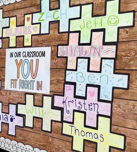 Bek McRae | 🧩 collaborative student created bulletin board 🧩❤️ comment “community” for the direct link On the first day of school I have one hashtag… | Instagram Students Names Bulletin Board, Back To School Bulletin Boards Kinder, Grade 2 Bulletin Boards, Student Created Bulletin Boards, Sped Bulletin Board, 1st Day Of School Bulletin Boards, Sped Classroom Bulletin Boards, Student Names Bulletin Board, 5th Grade Welcome Back Bulletin Board