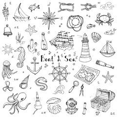 Hand drawn doodle Boat and Sea set Vector illustration boat icons sea life concept elements Ship symbols collection Marine life Nautical design Underwater life Sea animals Sea map Spyglass Magnifier Sea Doodle Art, Sea Life Doodles, Underwater Doodles, Nautical Doodles, Ocean Symbols, Ocean Drawing Ideas, Marine Doodles, Sea Themed Tattoos, Ship Doodle