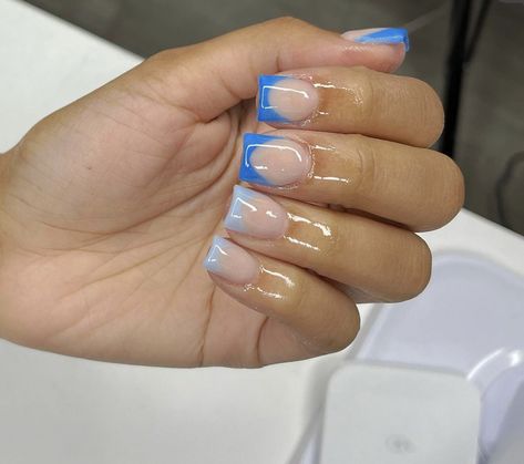 Blue Nails For Birthday, Short Square Light Blue Nails, Short Baby Blue Nail Ideas, Nails Acrylic Short Green, Baby Blue Toe Nails, Square Gel Nail Designs, Short Light Blue Nails, Blue Hoco Nails, Nails Baby Blue