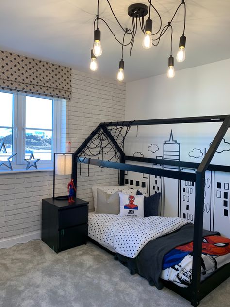 Look at this superhero themed children’s bedroom. Perfect for those spiderman crazy kids 🕷
#spiderman #actionman #superhero #boysroom #girlsroom #childrensbedroom #monochrome #kidsbedroomstyling #personalised #designercontracts #wallart #posterart Superhero Bedroom Lights, Simple Superhero Bedroom, Spider Verse Bedroom, Modern Avengers Bedroom, Superhero Bedroom Bunk Beds, Spider Man Bunk Bed, Diy Superhero Bedroom, Neutral Super Hero Bedroom, Sophisticated Superhero Bedroom