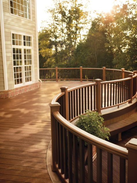 Investigate your options for deck stairs and steps, get tips on how to add them… Balcony Railing Design Outdoor, Railing Design Outdoor, Groups Photo, Curved Deck, Deck Railing Design, Architecture Unique, Houses Architecture, Balcony Flooring, Dream Deck