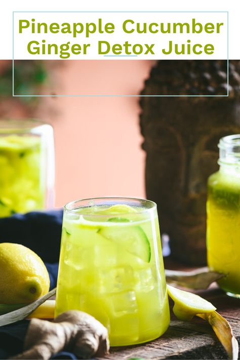 This is a picture of Pineapple Cucumber Ginger Detox Juice Recipe served on a table. Pineapple Cucumber, Ginger Detox, Detox Juice Recipes, Cucumber Recipes, Ginger Juice, Juice Recipe, Healthy Detox, Detox Juice, Healthy Juices