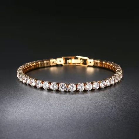 Ladies Shiny Gold Round Clear Cubic Zirconia Tennis Bracelet New, Shiny Gold Plate, Sparkly Stones, A Great Wardrobe Staple, Classy Elegant And Simplistic, Measurement Info In Photos, Brand New. 6258 Jewelry Chain Types, Gold Bracelet Wedding, Streetwear Jewelry, Bracelet Tennis, Bracelet Couple, Bracelet Diamond, Crystal Chain, Tennis Bracelet Diamond, Bracelets For Women