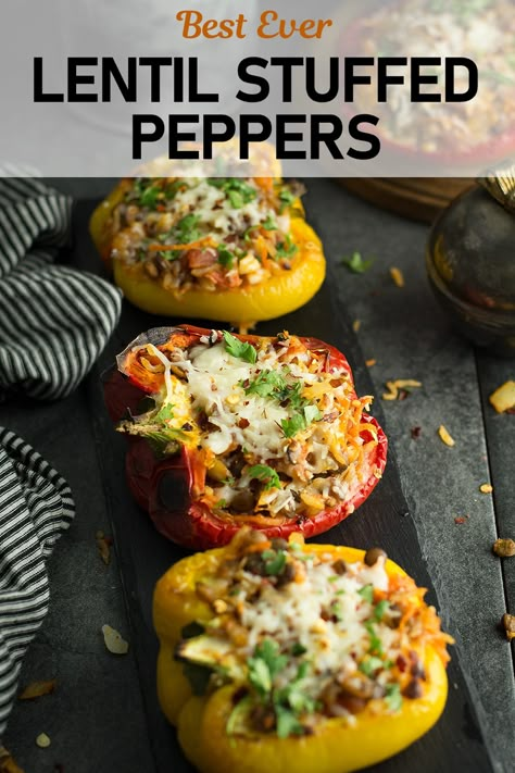 Stuffed Bell Peppers Lentils, Crockpot Vegetarian Stuffed Peppers, Lentil And Vegetable Recipes, Plant Based Stuffed Peppers, Stuffed Peppers With Lentils, Quinoa Stuffed Peppers Vegetarian, Lentil Hamburger Recipes, Lentil Stuffed Bell Peppers, Lentil Vegetarian Recipes