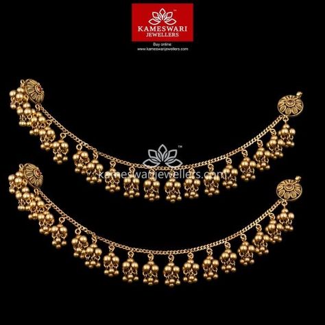 Kameswari Jewellers, Buy Earrings Online, Indian Jewelry Earrings, Gold Jewelry Outfits, Antique Gold Jewelry Indian, Indian Bridal Jewelry Sets, Ear Chain, Gold Jewelry Simple Necklace, Antique Jewellery Designs