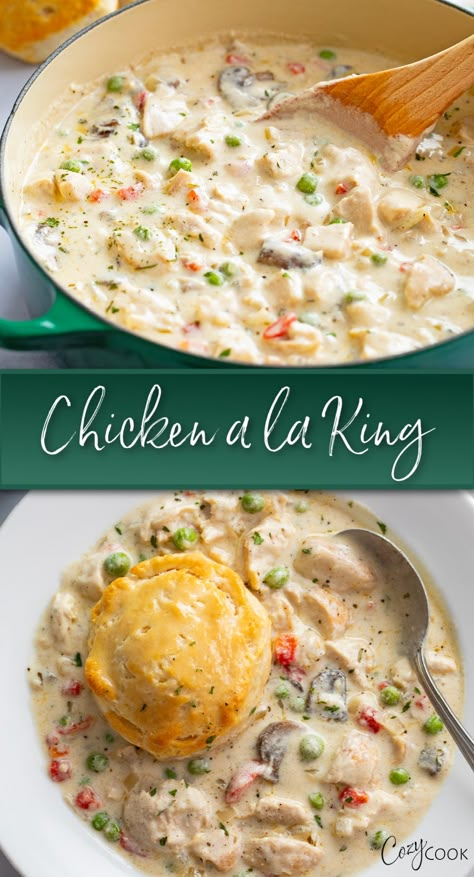 chicken a la king with chicken in a mushroom cream sauce with pimentos and peas. Topped with a biscuit Instant Pot Chicken Ala King Recipes, Chicken Ala King Recipes Crock Pots, Chicken Ala King Recipes, Chicken Ala King, Chicken A La King Recipes, Ala King, Continental Cuisine, Rice Egg, Chicken A La King