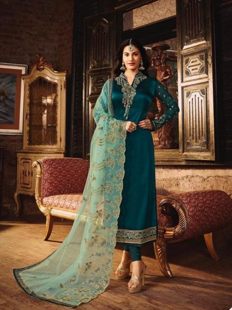 Buy Designer Salwar Suits From Siya Fashion Fabulous Teal Satin Georgette Party Wear Salwar Suit. IndiaatSiyaFashion.#siyafashion#designersuits#fancysuits#Satingeorgette#tealsalwarsuits Diwali Dresses, Satin Suit, Churidar Suits, Salwar Suits Online, Designer Salwar Suits, Salwar Kameez Designs, Ethnic Dress, Pretty Clothes, Salwar Suit