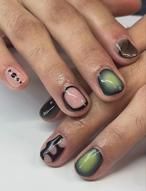 Edgy Gel Nails Short, Cool Nails For Guys, Short Nails Masculine, Men Gel Manicure, Nail Inspo Earth Tones, Masc Women Nails, Short Nail Designs Alt, Men Long Nails, Nails For Masc Women