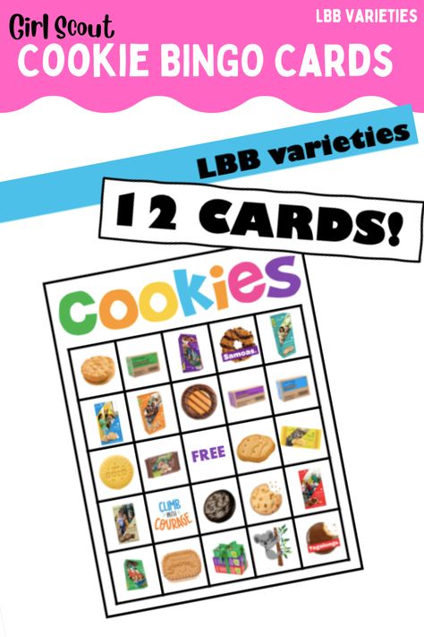 LBB variety Girl Scout Cookie BINGO 12 BINGO cards and calling cards. Instant download! Cookie Bingo Girl Scout, Girl Scout Cookie Meeting Ideas, Girl Scout Cookie Activities, Girl Scout Cookie Rally Activities, Girl Scout Cookie Rally, Girl Scout Cookie Booth Ideas, Girl Scout Brownie Badges, Cadette Badges, Cookie Booth