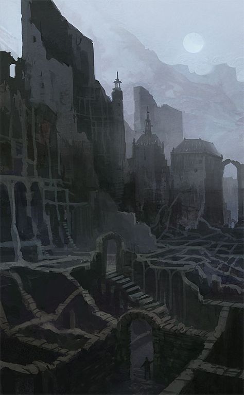 Dark Ruins, Ruins Architecture, Ruined City, Rpg Map, 다크 판타지, Fantasy City, Fantasy Setting, Fantasy Places, Fantasy Concept Art