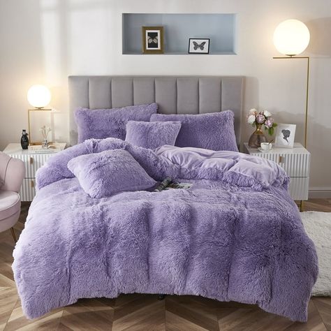 Uhamho Faux Fur Velvet Fluffy Bedding Duvet Cover Set Down Comforter Quilt Cover with Pillow Shams, Ultra Soft Warm, Queen, Lilac - Walmart.com Purple Bedroom Decor, Purple Bedding Sets, Purple Room Decor, Faux Fur Bedding, Fluffy Duvet, Fur Bedding, Purple Bedrooms, Purple Bedroom, Purple Bedding