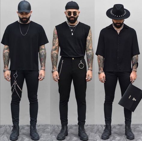 Men’s All Black Club Outfit, Hipster Outfits Hombre, All Black Outfit Men Summer, Men All Black, Black Mens Clothing Styles Streetwear, Men Rock Style Outfit, All Black Mens Outfits Casual, All Black Streetwear Outfit Men, All Black Outfit With Boots