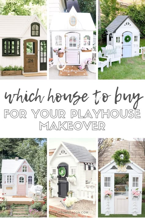 Playhouse Outdoor Makeover, Playhouse Village, Play House Ideas, Kidkraft Playhouse Makeover, Playhouse Redo, Painted Playhouse, Playhouse Makeover, Playhouse Ideas, Outdoor Playhouse