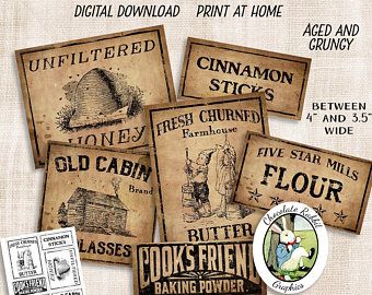 Digital Country Store Labels, Primitive Pantry Labels, Printable Primitive Tags, Vintage Pantry Labels, Image Transfers Pantry Labels Printable, Vintage Pantry Labels, Primitive Pantry, Primitive Labels, Vintage Pantry, Chocolate Rabbit, Digital Labels, Kitchen Labels, Etiquette Vintage