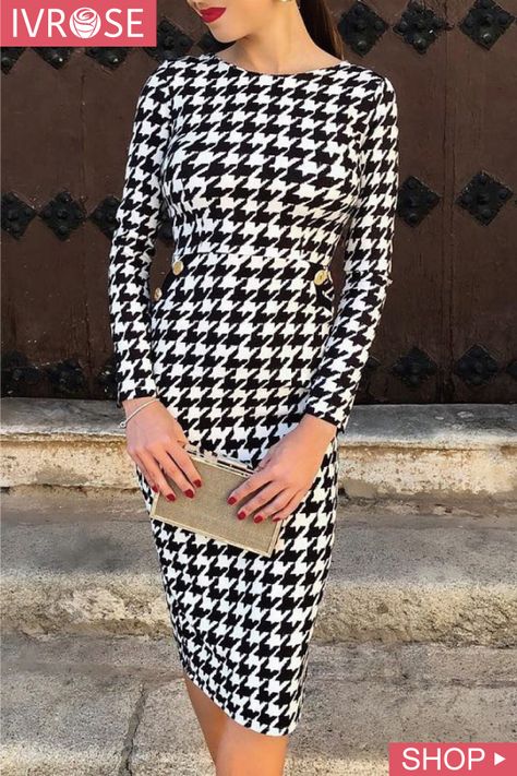 Houndstooth Print Long Sleeve Bodycon Dress Suits Tv, Winter Dress Outfits, Elegant Dresses Classy, Houndstooth Dress, Long Sleeve Print Dress, Sleeve Bodycon Dress, Trend Fashion, Long Sleeve Bodycon, Long Sleeve Bodycon Dress